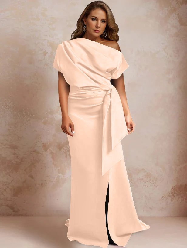 Trumpet/Mermaid One-Shoulder Short Sleeves Floor-Length Plus Size Mother of the Bride Dresses with Ruffles & Split Side