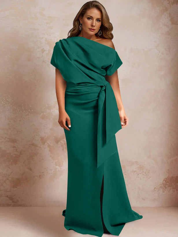 Trumpet/Mermaid One-Shoulder Short Sleeves Floor-Length Plus Size Mother of the Bride Dresses with Ruffles & Split Side