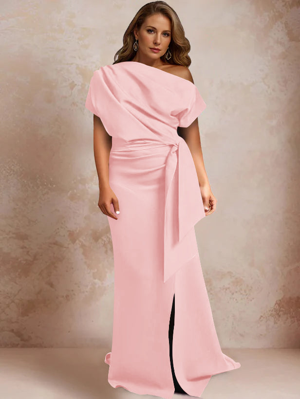 Trumpet/Mermaid One-Shoulder Short Sleeves Floor-Length Plus Size Mother of the Bride Dresses with Ruffles & Split Side