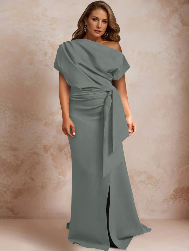 Trumpet/Mermaid One-Shoulder Short Sleeves Floor-Length Plus Size Mother of the Bride Dresses with Ruffles & Split Side