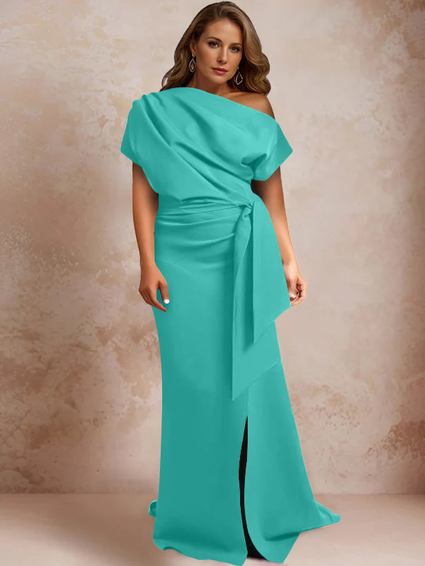 Trumpet/Mermaid One-Shoulder Short Sleeves Floor-Length Plus Size Mother of the Bride Dresses with Ruffles & Split Side