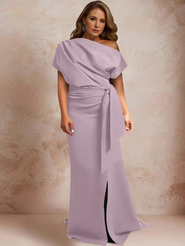 Trumpet/Mermaid One-Shoulder Short Sleeves Floor-Length Plus Size Mother of the Bride Dresses with Ruffles & Split Side