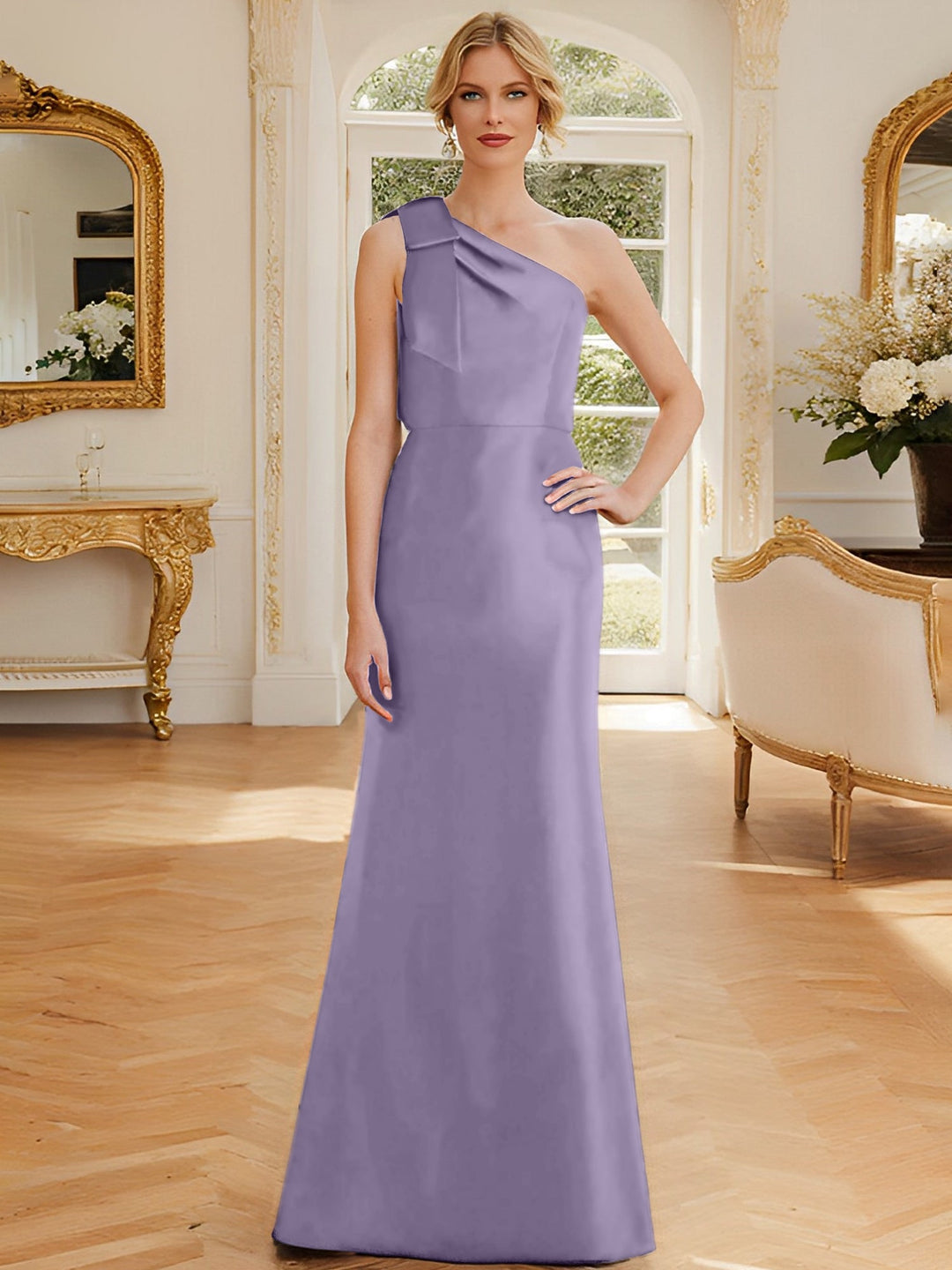 Sheath/Column One-Shoulder Sleeveless Satin Mother of the Bride Dresses with Bowknot