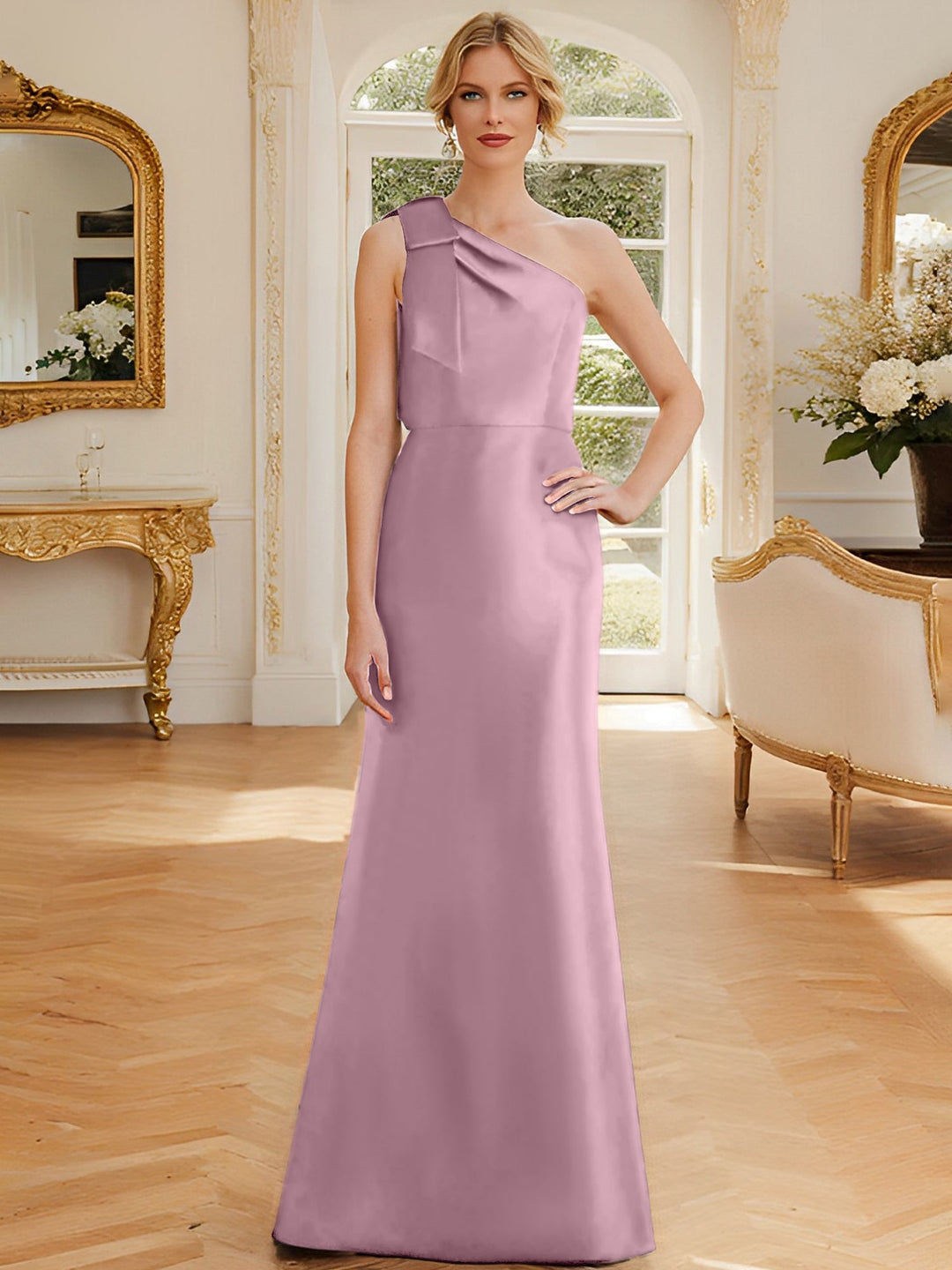 Sheath/Column One-Shoulder Sleeveless Satin Mother of the Bride Dresses with Bowknot