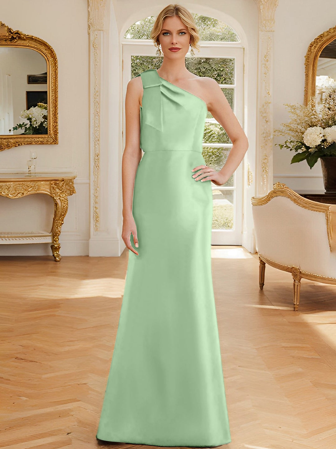 Sheath/Column One-Shoulder Sleeveless Satin Mother of the Bride Dresses with Bowknot