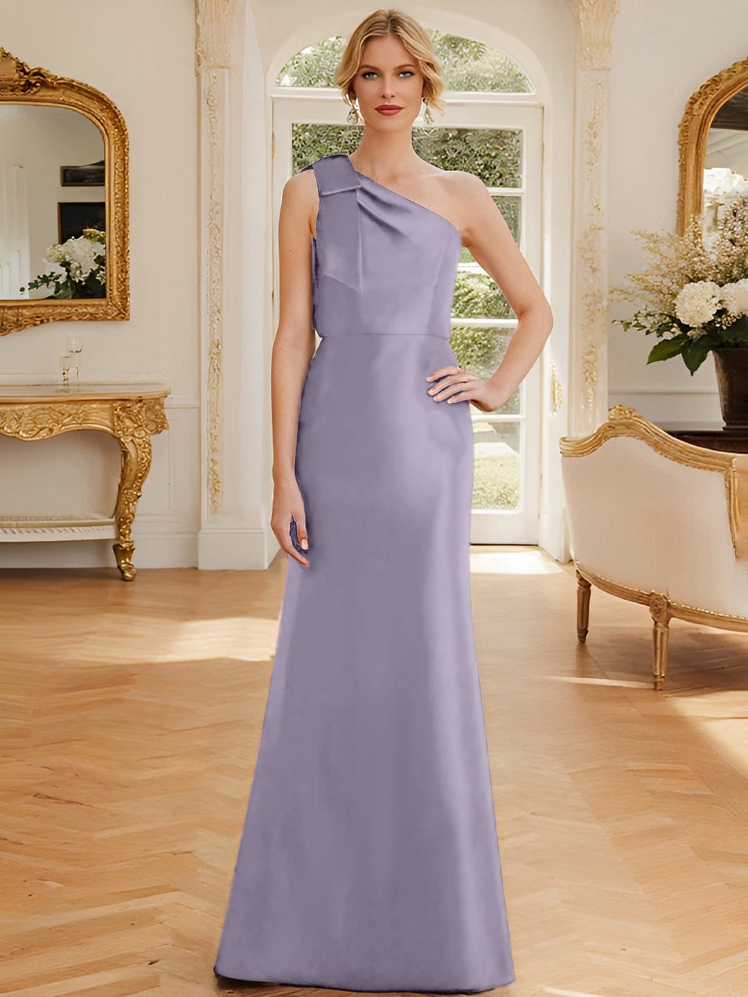 Sheath/Column One-Shoulder Sleeveless Satin Mother of the Bride Dresses with Bowknot