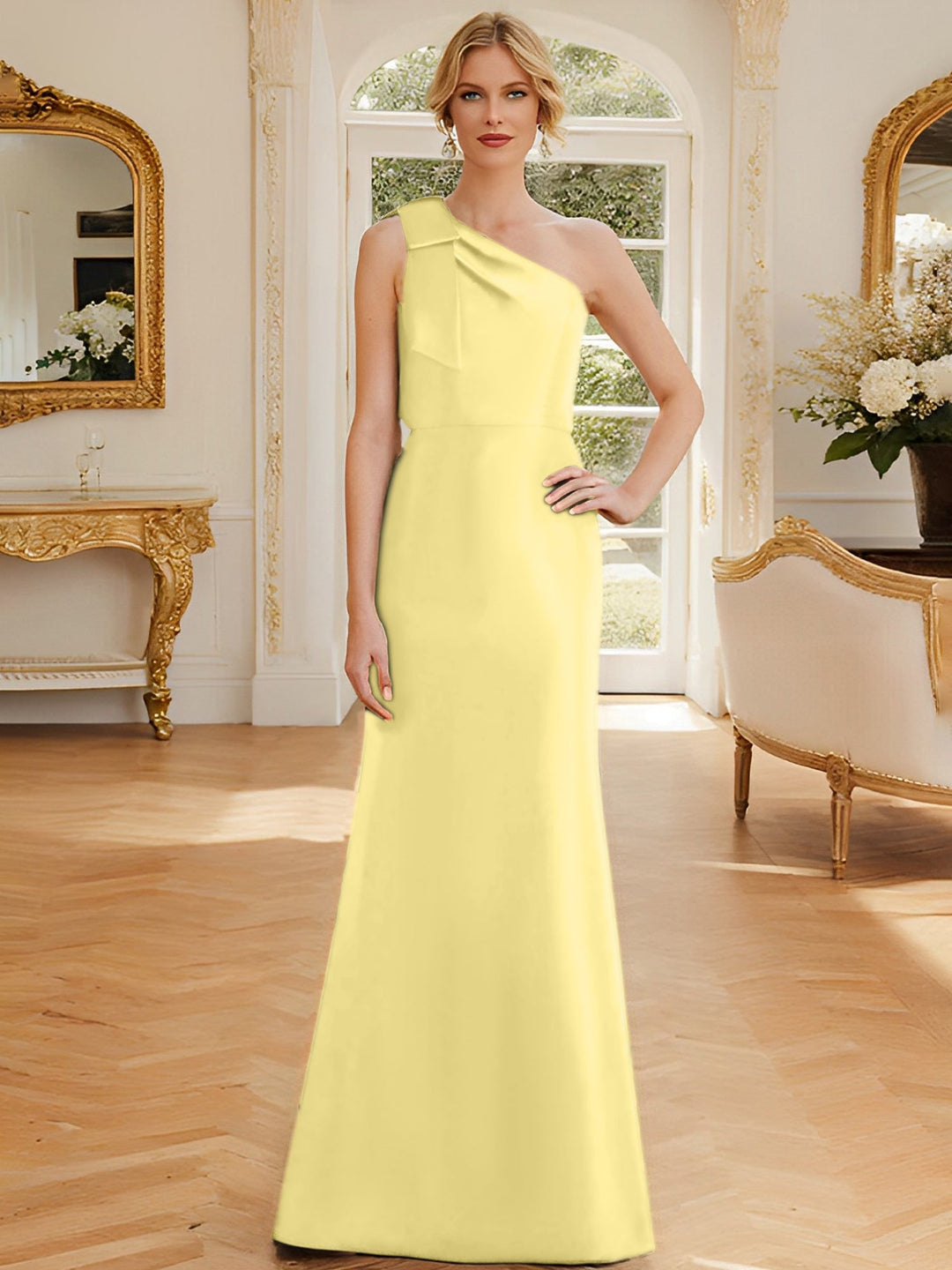 Sheath/Column One-Shoulder Sleeveless Satin Mother of the Bride Dresses with Bowknot