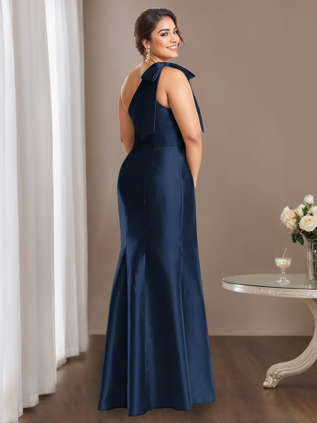 Sheath/Column One-Shoulder Sleeveless Satin Plus Size Mother of the Bride Dresses with Bowknot