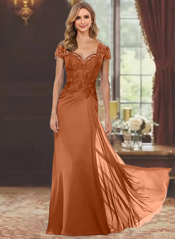 Sheath/Column Sweetheart Short Sleeves Floor-Length Mother of the Bride Dresses with Appliques Lace