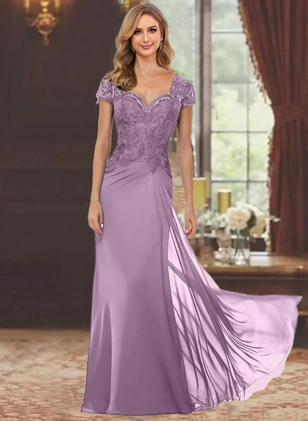 Sheath/Column Sweetheart Short Sleeves Floor-Length Mother of the Bride Dresses with Appliques Lace