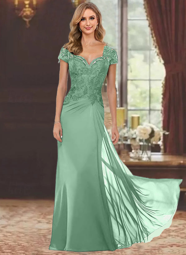 Sheath/Column Sweetheart Short Sleeves Floor-Length Mother of the Bride Dresses with Appliques Lace