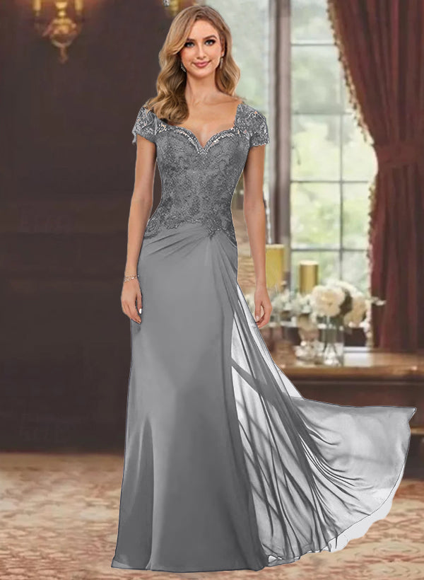 Sheath/Column Sweetheart Short Sleeves Floor-Length Mother of the Bride Dresses with Appliques Lace