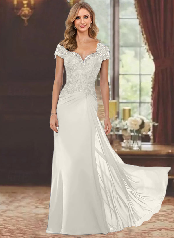 Sheath/Column Sweetheart Short Sleeves Floor-Length Mother of the Bride Dresses with Appliques Lace