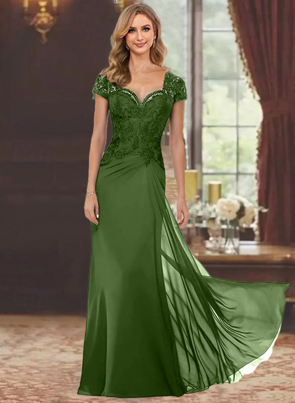 Sheath/Column Sweetheart Short Sleeves Floor-Length Mother of the Bride Dresses with Appliques Lace