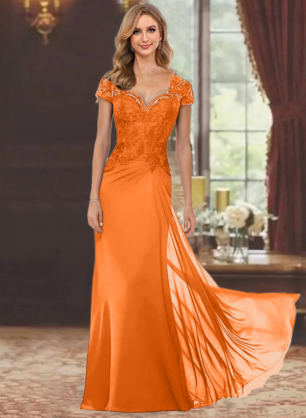 Sheath/Column Sweetheart Short Sleeves Floor-Length Mother of the Bride Dresses with Appliques Lace