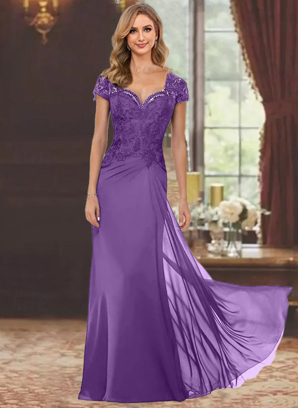 Sheath/Column Sweetheart Short Sleeves Floor-Length Mother of the Bride Dresses with Appliques Lace