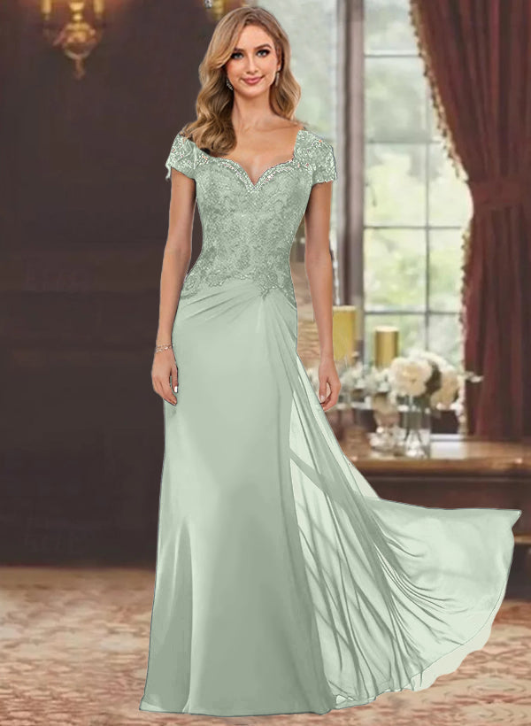 Sheath/Column Sweetheart Short Sleeves Floor-Length Mother of the Bride Dresses with Appliques Lace