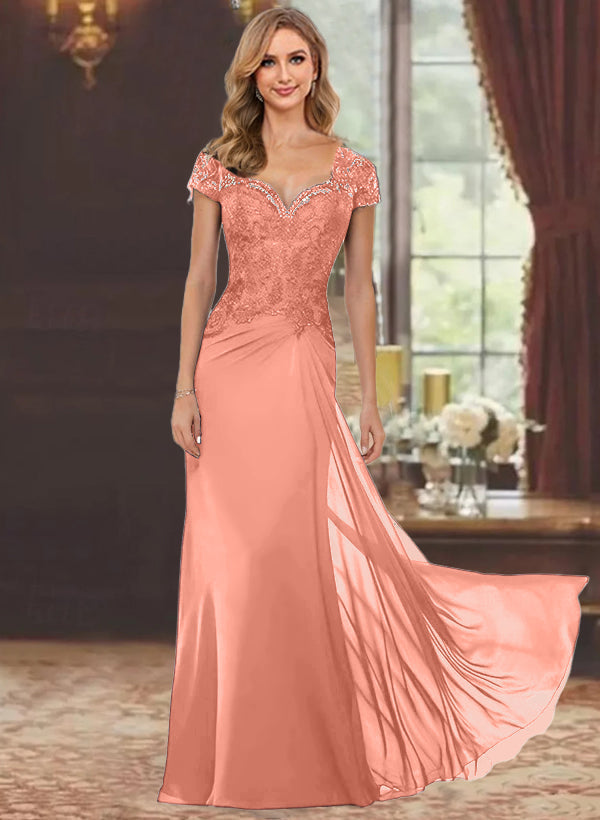 Sheath/Column Sweetheart Short Sleeves Floor-Length Mother of the Bride Dresses with Appliques Lace