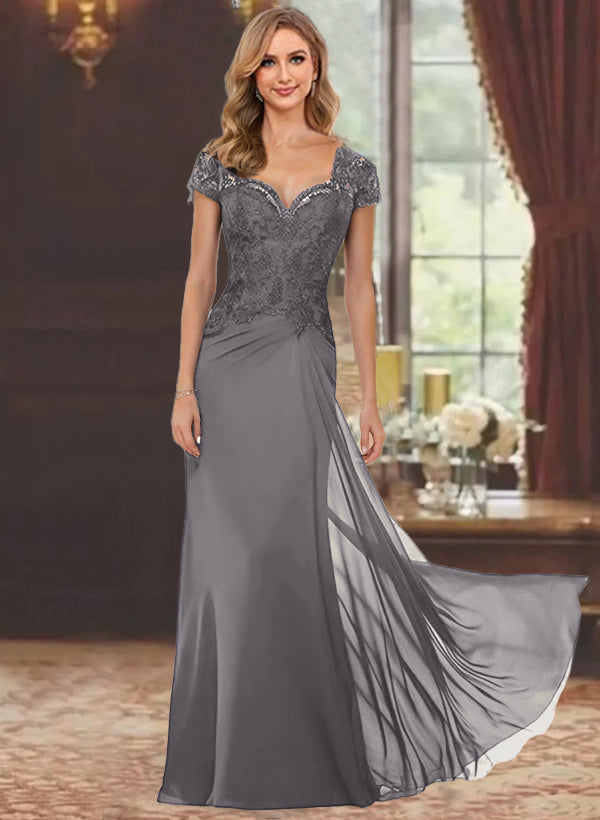 Sheath/Column Sweetheart Short Sleeves Floor-Length Mother of the Bride Dresses with Appliques Lace