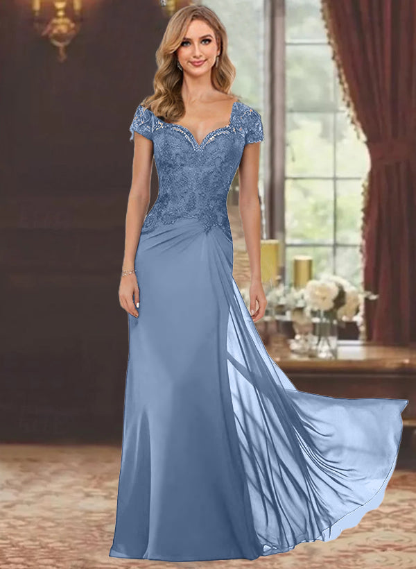 Sheath/Column Sweetheart Short Sleeves Floor-Length Mother of the Bride Dresses with Appliques Lace