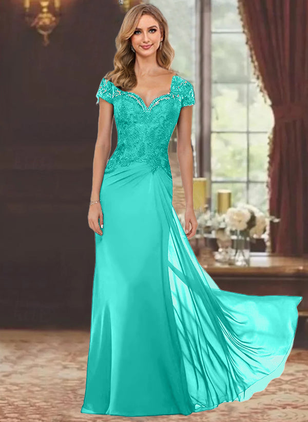 Sheath/Column Sweetheart Short Sleeves Floor-Length Mother of the Bride Dresses with Appliques Lace