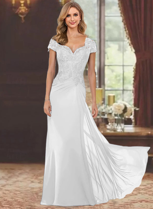 Sheath/Column Sweetheart Short Sleeves Floor-Length Mother of the Bride Dresses with Appliques Lace