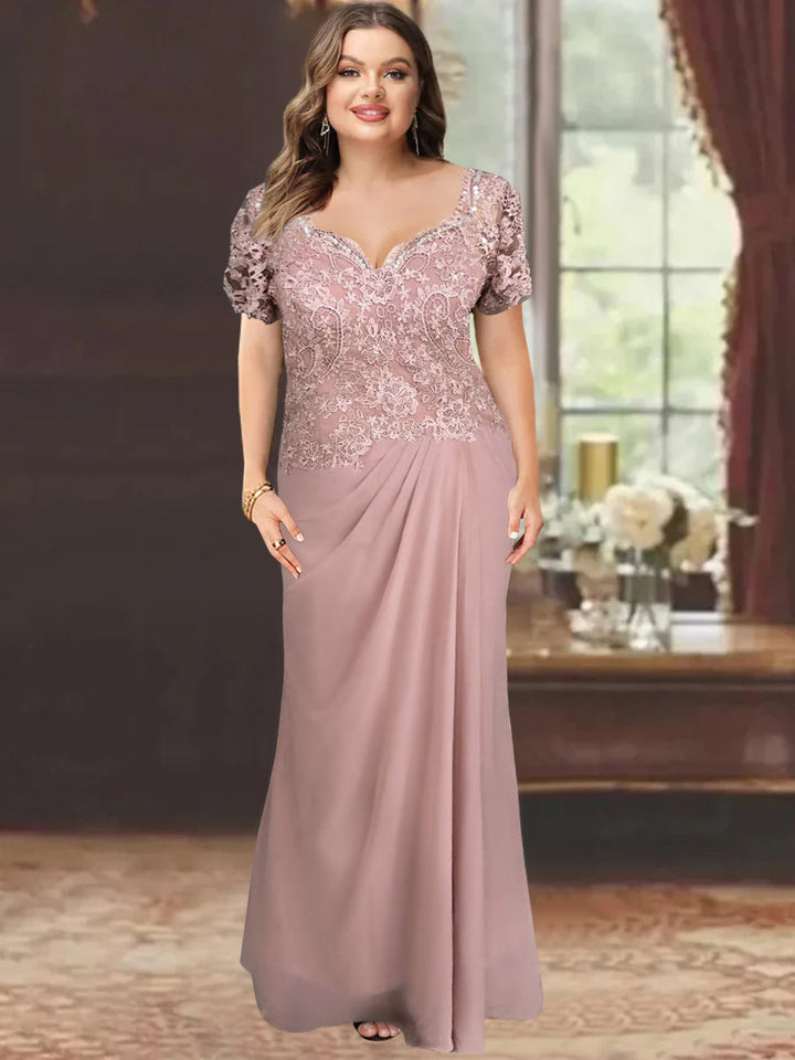 Sheath/Column Sweetheart Short Sleeves Floor-Length Plus Size Mother of the Bride Dresses with Appliques Lace