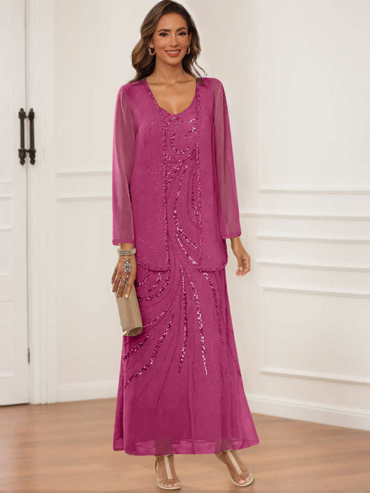 Sheath/Column V-Neck Ankle-Length Mother of the Bride & Groom Dresses with Jacket & Sequins