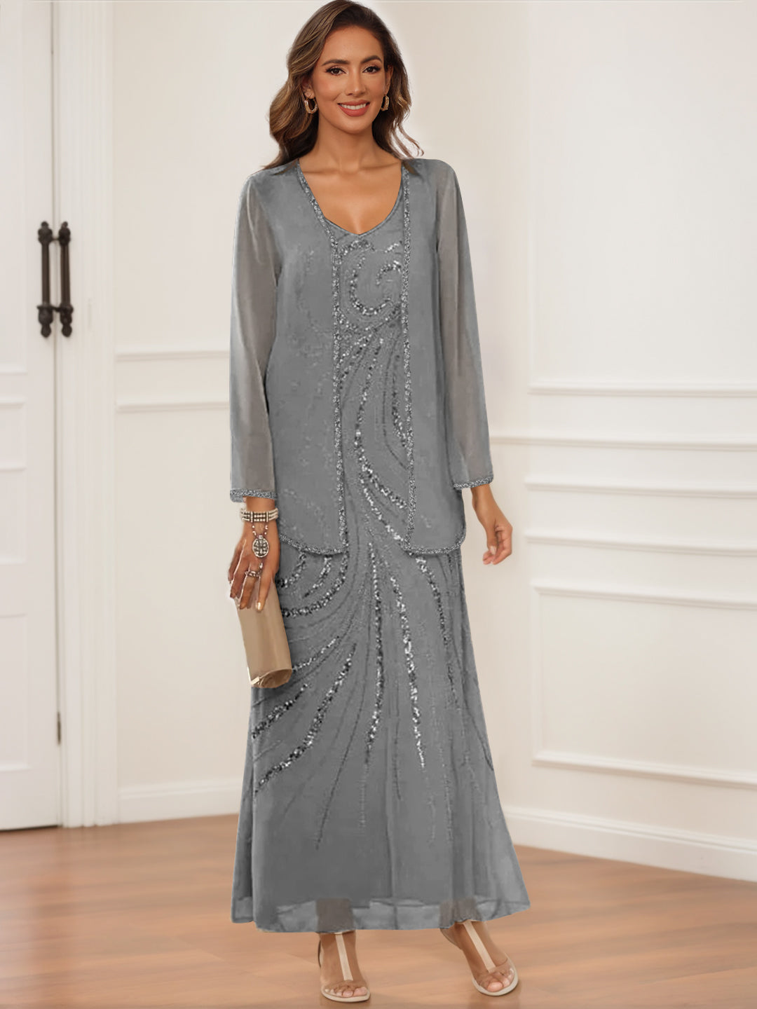 Sheath/Column V-Neck Ankle-Length Mother of the Bride & Groom Dresses with Jacket & Sequins