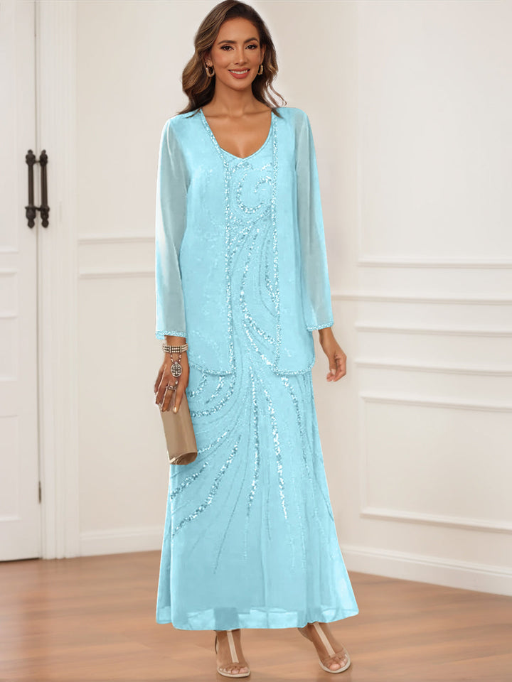 Sheath/Column V-Neck Ankle-Length Mother of the Bride & Groom Dresses with Jacket & Sequins