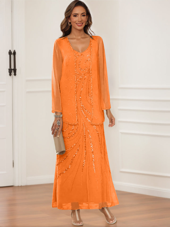 Sheath/Column V-Neck Ankle-Length Mother of the Bride & Groom Dresses with Jacket & Sequins