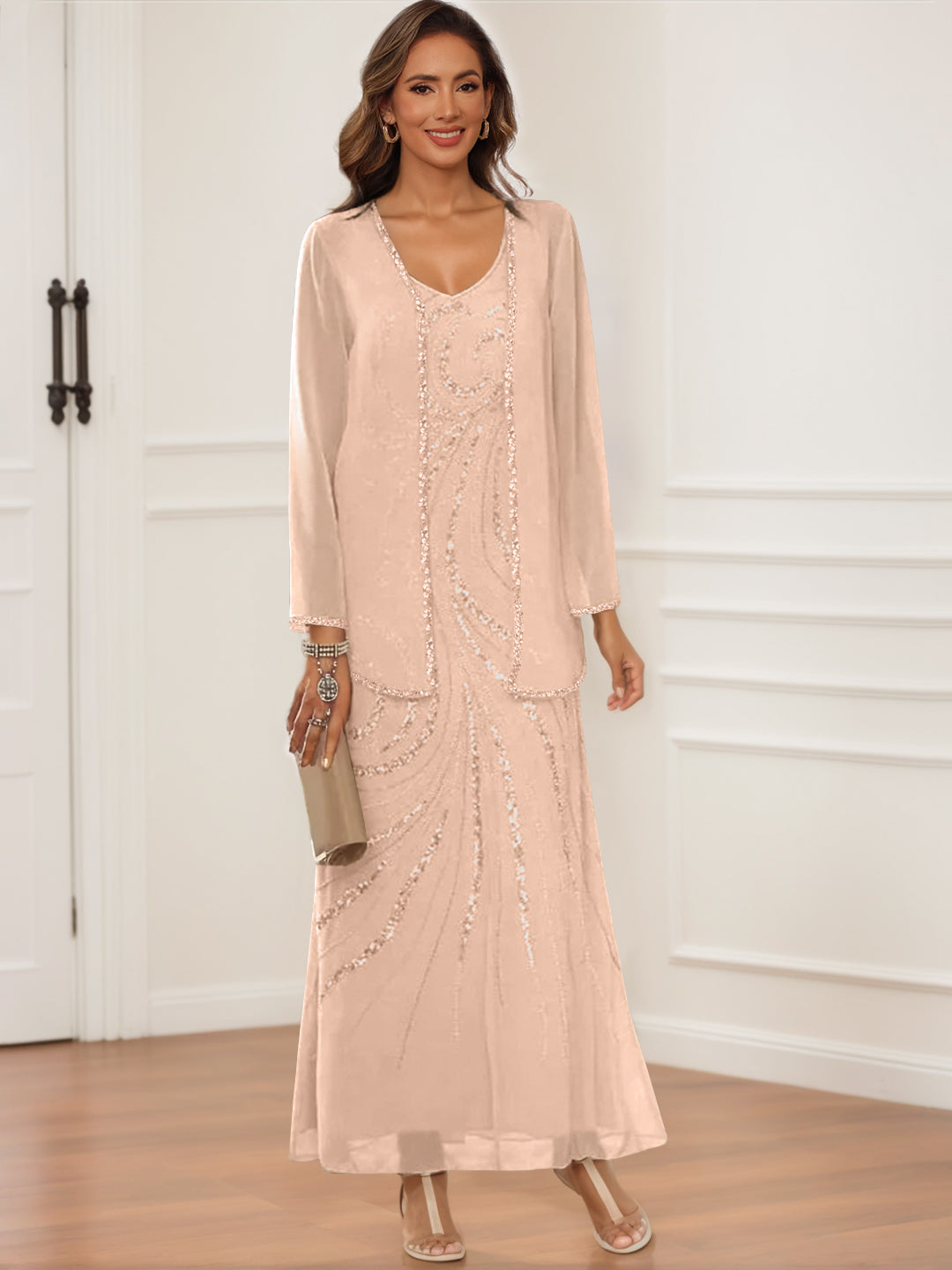 Sheath/Column V-Neck Ankle-Length Mother of the Bride & Groom Dresses with Jacket & Sequins