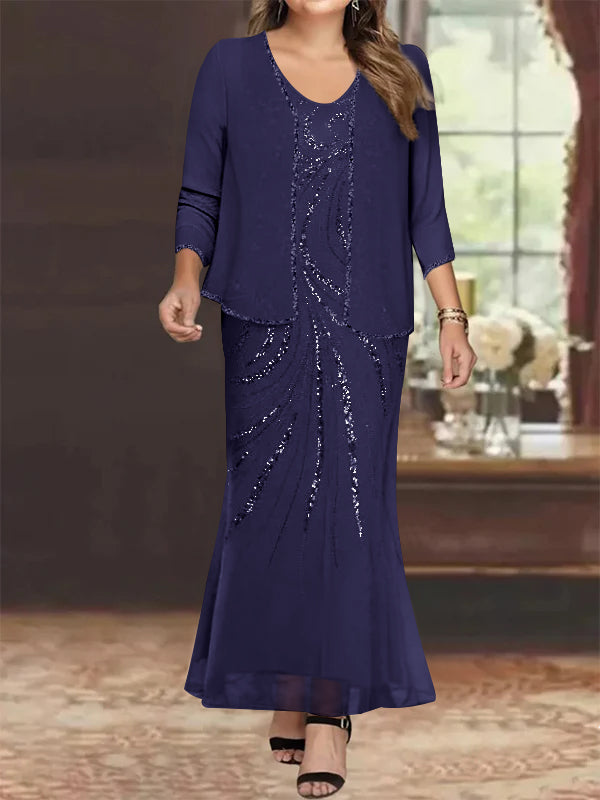 Sheath/Column V-Neck Ankle-Length Plus Size Mother of the Bride Dresses with Jacket & Sequins