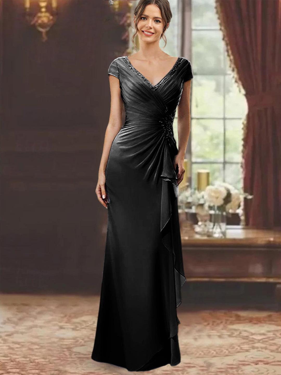 Sheath/Column V-Neck Floor-Length Mother of the Bride Dresses with Short Sleeves