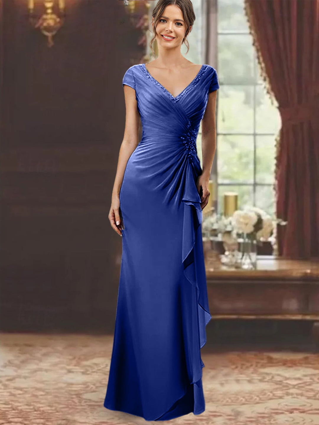 Sheath/Column V-Neck Floor-Length Mother of the Bride Dresses with Short Sleeves