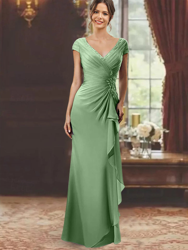 Sheath/Column V-Neck Floor-Length Mother of the Bride Dresses with Short Sleeves