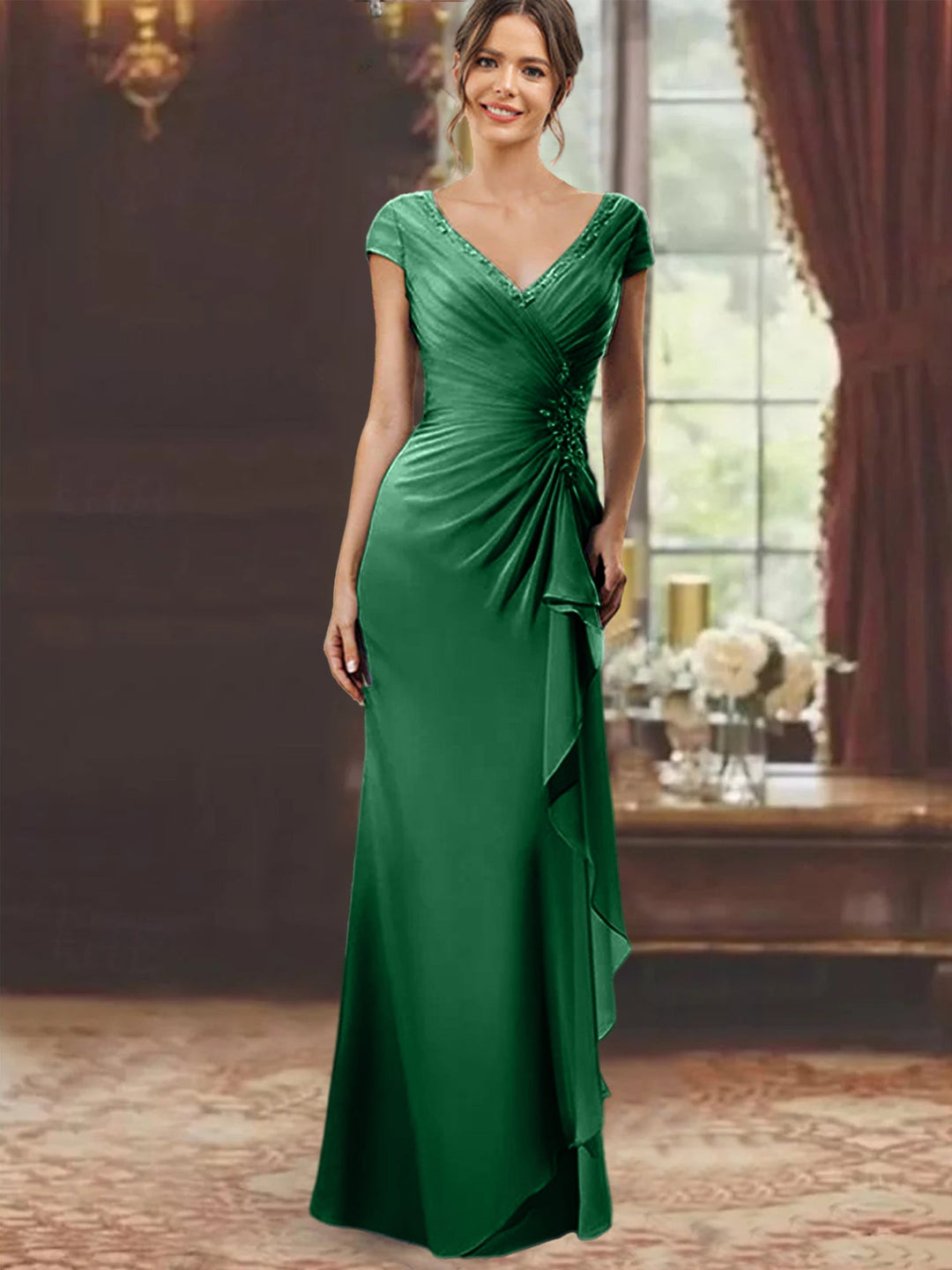 Sheath/Column V-Neck Floor-Length Mother of the Bride Dresses with Short Sleeves