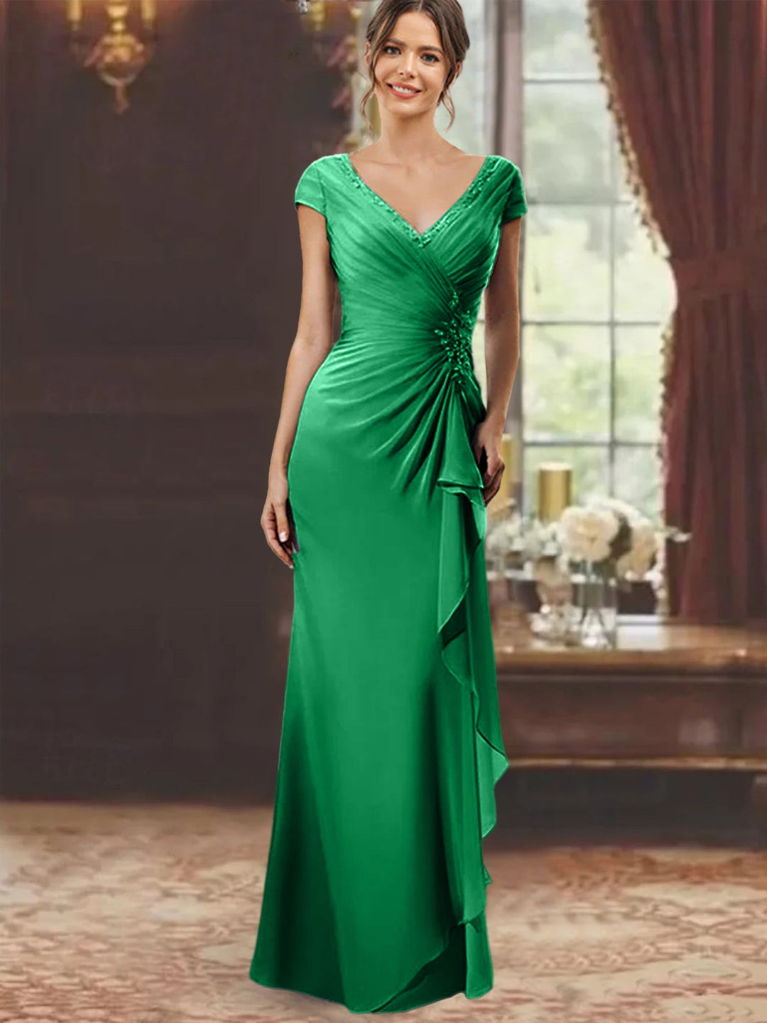 Sheath/Column V-Neck Floor-Length Mother of the Bride Dresses with Short Sleeves