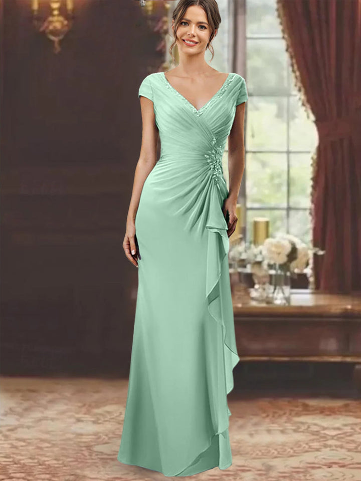 Sheath/Column V-Neck Floor-Length Mother of the Bride Dresses with Short Sleeves