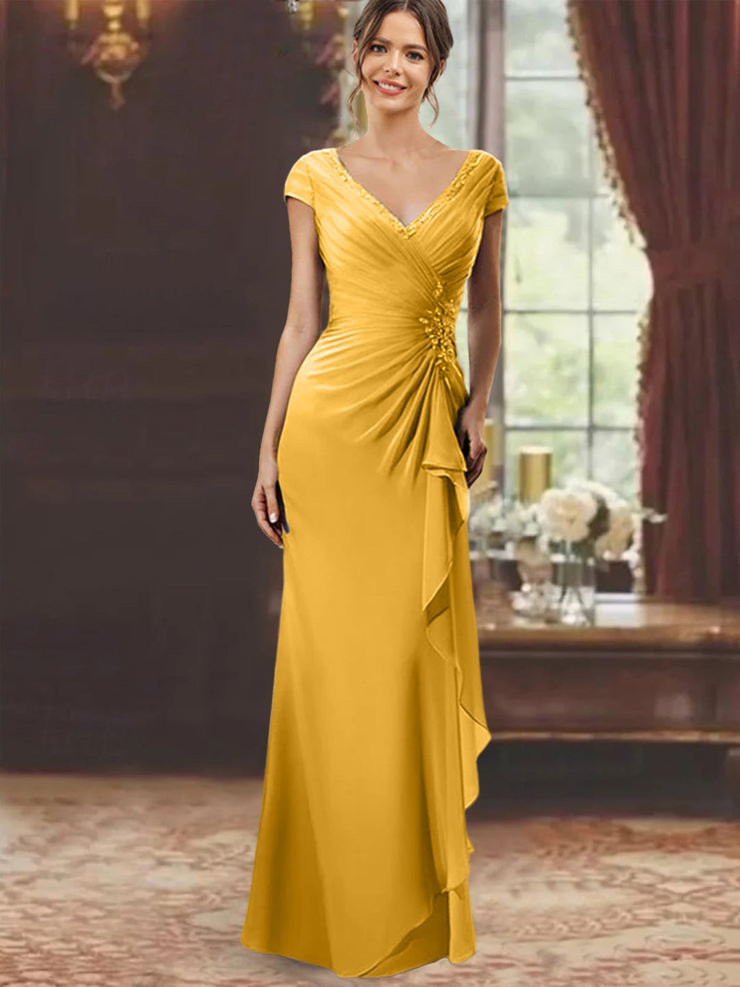 mustard yellow mother of the bride dresses Shirees Mustard Yellow Plus Size Chiffon A-Line Long Mother of the Bride Dresses with Cape 2026