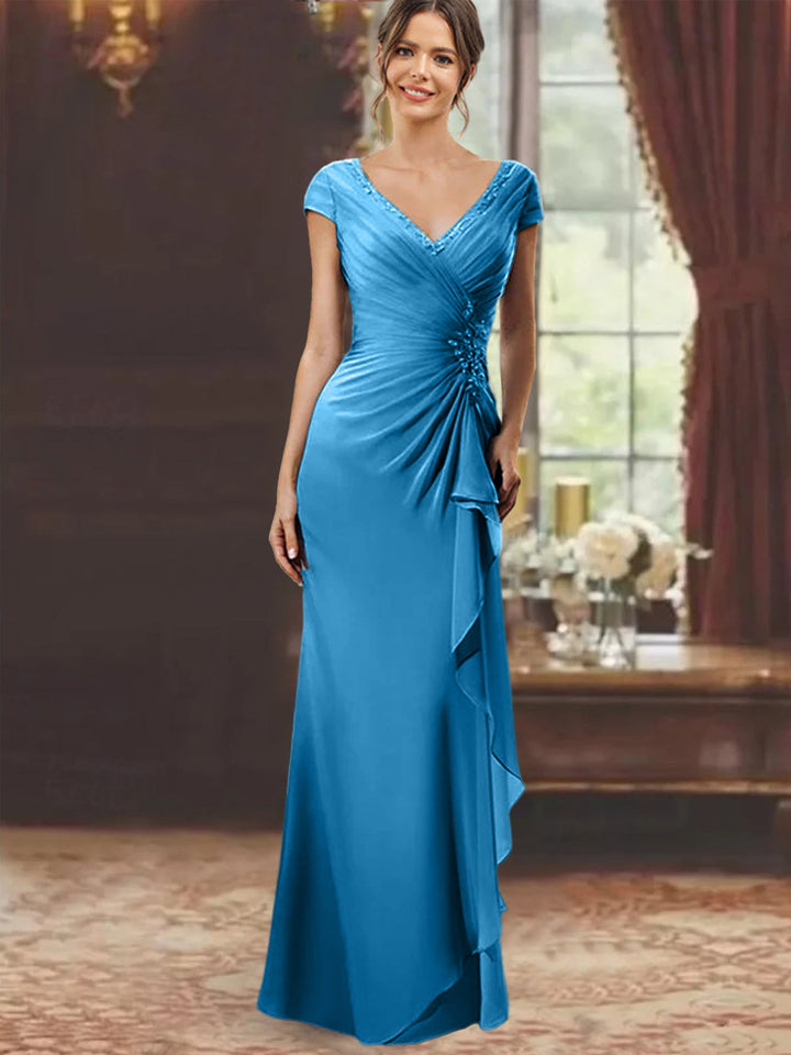 Sheath/Column V-Neck Floor-Length Mother of the Bride Dresses with Short Sleeves