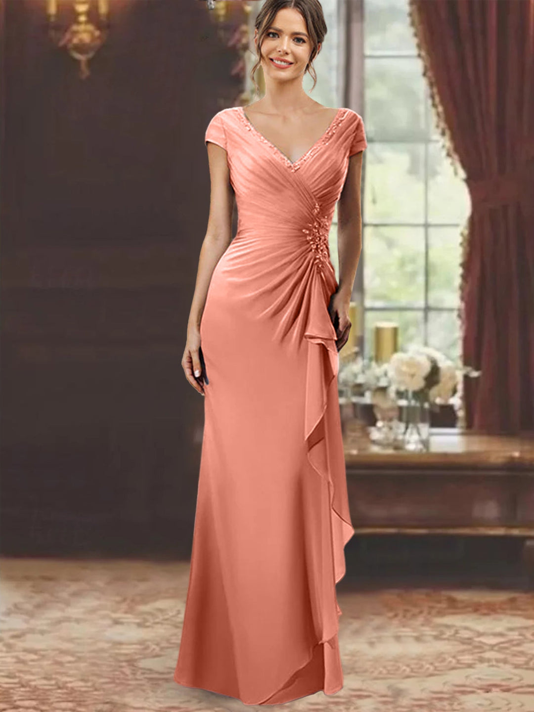 Sheath/Column V-Neck Floor-Length Mother of the Bride Dresses with Short Sleeves