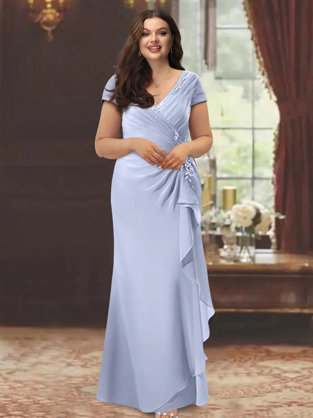 Sheath/Column V-Neck Floor-Length Mother of the Bride Dresses with Short Sleeves