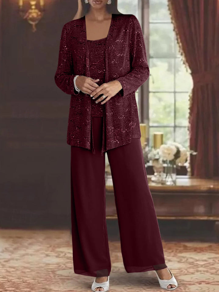 Chiffon Mother of the Bride Pantsuits with Jacket & Sequins