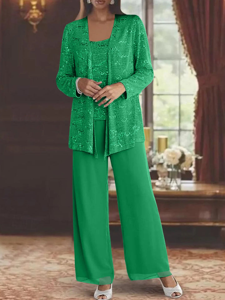 Chiffon Mother of the Bride Pantsuits with Jacket & Sequins