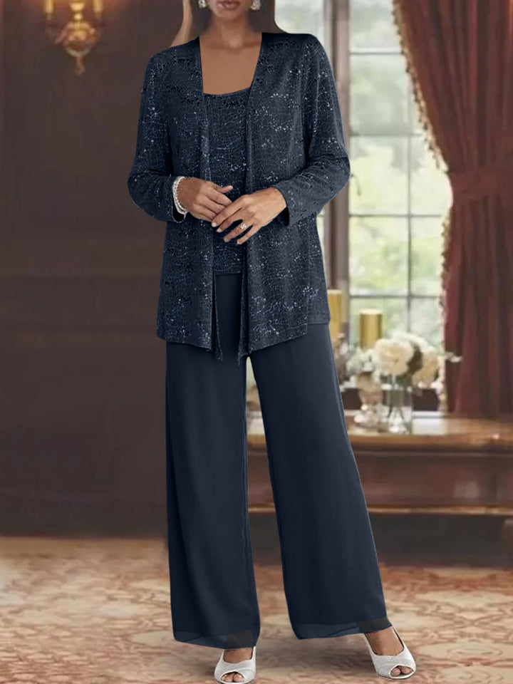 Chiffon Mother of the Bride Pantsuits with Jacket & Sequins