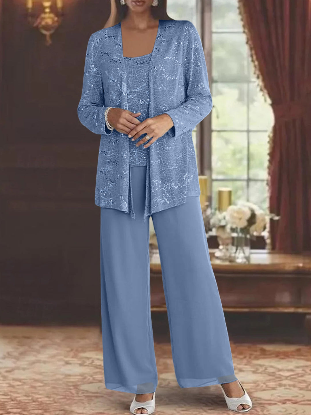 Chiffon Mother of the Bride Pantsuits with Jacket & Sequins