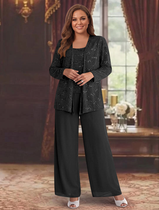 Chiffon Plus Size Mother of the Bride Pantsuits with Jacket &amp; Sequins