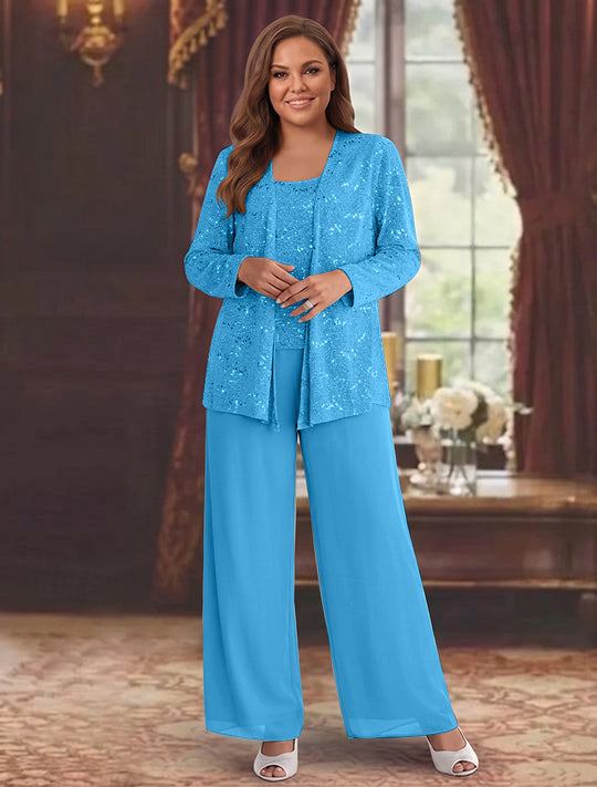 Chiffon Plus Size Mother of the Bride Pantsuits with Jacket &amp; Sequins