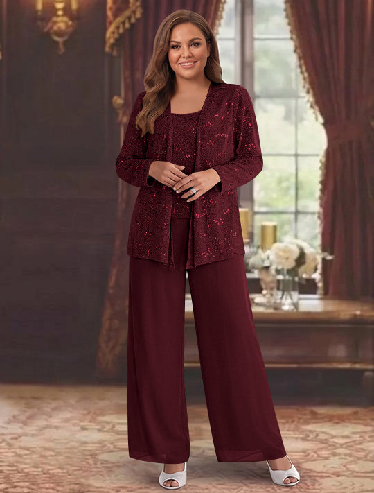 Chiffon Plus Size Mother of the Bride Pantsuits with Jacket &amp; Sequins
